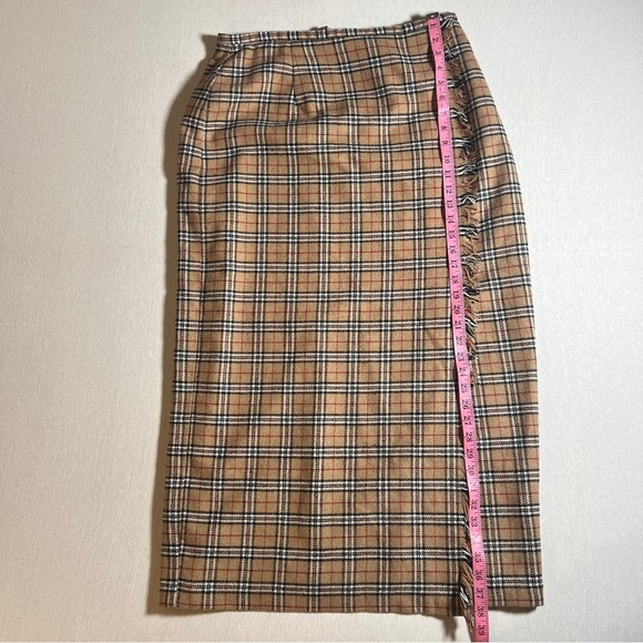 Vintage Chandler Hill Wool Blend Plaid Faux Wrap Midi Skirt- Tan/Beige, Size 14 - Picture 2 of 7